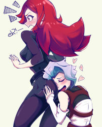 Rule 34 | 2girls, ass, bare shoulders, black bodysuit, blush, bodysuit, chariot du nord, croix meridies, detached sleeves, closed eyes, face in ass, from behind, green background, highres, little witch academia, long hair, matching hair/eyes, multiple girls, open mouth, purple hair, red eyes, red hair, simple background, smile, surprised, teeth, toasty scones, tongue, upper teeth only, ursula callistis, yuri