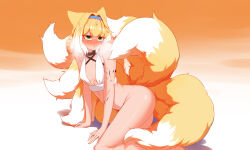 Rule 34 | 1girl, absurdres, aged up, animal ears, arknights, arm support, ass, bare shoulders, blonde hair, blue hairband, blush, bottomless, bra, breasts, collar, fox ears, fox girl, fox tail, gradient background, green eyes, hairband, heavy breathing, highres, material growth, multicolored hair, multiple tails, naihe, nose blush, orange background, oripathy lesion (arknights), parted lips, short hair, small breasts, solo, suzuran (arknights), tail, two-tone hair, underwear, underwear only, white background, white bra, white hair