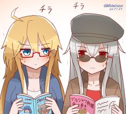 Rule 34 | 2girls, alternate costume, bespectacled, blonde hair, blue eyes, book, breasts, casual, cleavage, commentary request, dated, gangut (kancolle), glasses, hair ornament, hairclip, hat, hood, hoodie, iowa (kancolle), jacket, kantai collection, large breasts, looking over eyewear, looking over glasses, magazine (object), mitchell (dynxcb25), multiple girls, peaked cap, red eyes, semi-rimless eyewear, silver hair, sunglasses, sweatdrop, tinted eyewear, translation request, twitter username, under-rim eyewear