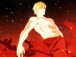 Rule 34 | 1boy, blonde hair, embers, fate/zero, fate (series), gilgamesh (fate), male focus, red eyes, topless male, solo, yun (neo)