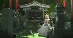 Rule 34 | 1girl, absurdres, animal, animal on lap, bell, blonde hair, closed mouth, day, dress, fox, fox statue, grass, graveyard, hair ornament, highres, japanese clothes, jingle bell, long dress, long hair, long sleeves, looking at viewer, miketsu (onmyoji), neck bell, on lap, onmyoji, onmyouji, outdoors, paindude, pillar, red eyes, red ribbon, ribbon, scenery, shade, shrine, sitting, solo, statue, sunlight, tombstone, veil, white dress, white headwear, wide shot, wide sleeves