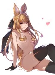 Rule 34 | 10s, 1girl, animal ears, bad id, bad pixiv id, blonde hair, blush, braid, breasts, commentary request, erune, gloves, granblue fantasy, hair censor, hair over breasts, hanarito, highres, nude, red eyes, sitting, solo, thighhighs, yuisis (granblue fantasy)