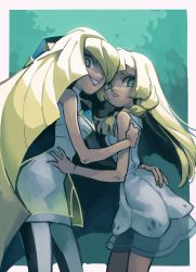 Rule 34 | 2girls, absurdres, blonde hair, breasts, creatures (company), dress, game freak, green eyes, grin, highres, hug, lillie (pokemon), long hair, looking at viewer, lusamine (pokemon), mother and daughter, multiple girls, nintendo, pokemon, pokemon sm, robomb, small breasts, smile, standing, upper body, white dress