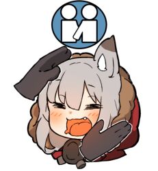 Rule 34 | 1girl, amonitto, animal ears, arknights, black gloves, blush, closed eyes, commentary request, cropped torso, disembodied limb, drooling, fang, fur-trimmed hood, fur trim, gameplay mechanics, gloves, grey hair, hands on another&#039;s face, hood, hood up, hooded jacket, jacket, long hair, mouth drool, open mouth, projekt red (arknights), red jacket, simple background, smile, white background