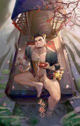 Rule 34 | 2boys, alca (wakatanka4), animal ears, bara, blush, boat, brown hair, chest tattoo, commission, cum, cup, daylightallure, ejaculation, erection, facial hair, full body, head tilt, in water, japanese clothes, kimono, looking at viewer, male focus, male pubic hair, mini person, miniboy, multiple boys, muscular, muscular male, naked kimono, navel, no pants, open clothes, open kimono, original, pectorals, penis, projectile cum, pubic hair, red eyes, sakazuki, short hair, short kimono, sideburns, smile, stubble, stuffed animal, stuffed toy, tail, tattoo, testicles, thick thighs, thighs, tiger boy, tiger ears, tiger tail, uncensored, water, watercraft