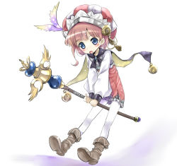 Rule 34 | 1girl, :o, atelier (series), atelier meruru, atelier rorona, blue eyes, blush, boots, brown hair, cape, coat, feathers, female focus, full body, hat, knee boots, open mouth, pantyhose, rororina fryxell, short hair, skirt, solo, staff, striped clothes, striped headwear, vertical-striped clothes, vertical-striped headwear, wand, white pantyhose, yugi (magical-dreamer)