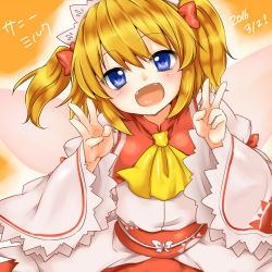 Rule 34 | 1girl, ascot, blonde hair, blue eyes, bow, double v, fairy wings, hair bow, headdress, monrooru, open mouth, sash, solo, sunny milk, touhou, twintails, v, wide sleeves, wings