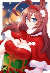 Rule 34 | 1girl, absurdres, ahoge, artist logo, blue eyes, breast rest, breasts, brown hair, capelet, christmas, cleavage, commentary, dress, fur-trimmed capelet, fur-trimmed gloves, fur trim, gift, gloves, hairband, hand on own chest, highres, holding, holding gift, horse girl, large breasts, long hair, looking at viewer, mihono bourbon (umamusume), neru ika, red capelet, red dress, red gloves, red hairband, santa gloves, smile, solo, strapless, strapless dress, umamusume