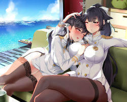 Rule 34 | 2girls, aiguillette, animal ears, atago (azur lane), azur lane, beach, black hair, blue sky, blush, bow, breasts, brown legwear, buttons, couch, day, drawer, extra ears, garter straps, hair bow, hair flaps, hand on another&#039;s chest, hand on head, heart, highres, jacket, large breasts, long hair, long sleeves, looking at viewer, military jacket, miniskirt, mole, mole under eye, monobe yuri, multiple girls, open mouth, pantyhose, pleated skirt, ponytail, ribbon, shelf, sitting, skirt, sky, swept bangs, takao (azur lane), thighband pantyhose, thighhighs, thighs, white bow, white jacket, white ribbon, white skirt, window, yuri