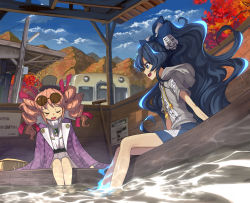 Rule 34 | 2girls, ashiyu, aura, autumn, autumn leaves, bag, belt, blue eyes, blue hair, blue skirt, blue sky, blush stickers, bow, broom, closed eyes, cloud, commentary request, day, debt, drawstring, dress, drill hair, eyewear on head, fisheye, grey hoodie, hair bow, handbag, hat, highres, hood, hood down, hoodie, jacket, jewelry, leaning to the side, long hair, long sleeves, looking at another, mini hat, mini top hat, miniskirt, mountain, multiple girls, necklace, open clothes, open jacket, open mouth, pendant, pink hair, ponytail, purple jacket, scenery, short hair, siblings, sideways mouth, sign, sisters, sitting, skirt, sky, soaking feet, sunglasses, syope, top hat, touhou, train, train station, twin drills, unmoving pattern, very long hair, white dress, yorigami jo&#039;on, yorigami shion