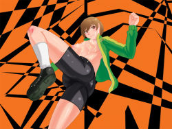 Rule 34 | 1girl, ass, atlus, bike shorts, breasts, brown eyes, brown hair, cum, cum on body, cum on breasts, cum on upper body, facial, female focus, jacket, nipples, open clothes, open jacket, orendi, persona, persona 4, satonaka chie, shoes, short hair, shorts, socks, solo, white socks