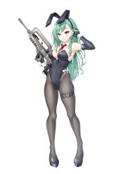 Rule 34 | 1girl, :&gt;, animal ears, assault rifle, black footwear, black hairband, black leotard, black pantyhose, breasts, bullpup, closed mouth, commentary request, covered navel, detached collar, dot nose, ear piercing, earrings, elbow gloves, fake animal ears, famas, full body, gloves, green eyes, gun, hair behind ear, hairband, heart o-ring, high heels, highleg, highleg leotard, highres, hisame shiki, holding, holding gun, holding weapon, jewelry, legs apart, leotard, long hair, medium breasts, mole, mole on breast, necktie, pantyhose, parted bangs, piercing, platform footwear, platform heels, playboy bunny, pumps, purple eyes, red necktie, rifle, simple background, solo, virtual youtuber, vspo!, weapon, white background, wrist cuffs, yakumo beni