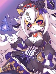 Rule 34 | 1girl, animal nose, artist request, bad id, bad pixiv id, body fur, breasts, bright pupils, cleavage, fullbokko heroes, furry, furry female, highres, long hair, purple background, red eyes, simple background, sitting, smile, solo, tiger, white hair