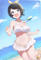 Rule 34 | 1girl, :d, absurdres, alternate costume, beach, bikini, black hair, blue eyes, blue nails, blue sky, blush, breasts, cleavage, cloud, cloudy sky, collarbone, commentary request, foot out of frame, frilled bikini, frilled skirt, frills, hair ribbon, hands up, highres, hololive, medium breasts, microskirt, nail polish, navel, oozora subaru, open mouth, outdoors, pink nails, ribbon, sandals, shadow, shiny skin, short hair, sidelocks, skirt, sky, smile, solo, standing, standing on one leg, stomach, stopwatch, stopwatch around neck, swept bangs, swimsuit, taraneko miso, thighs, toenail polish, toenails, virtual youtuber, wet, white bikini, white skirt, yellow bikini, yellow ribbon