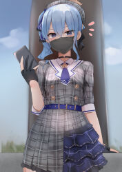 Rule 34 | 1girl, absurdres, ascot, belt, beret, blue eyes, blue hair, cellphone, choker, dress, gloves, hair between eyes, hat, highres, holding, holding phone, hololive, hoshimachi suisei, hoshimachi suisei (1st costume), looking at viewer, mask, medium hair, mouth mask, partially fingerless gloves, phone, plaid, plaid dress, side ponytail, solo, star (symbol), star choker, tikuwazyousyou, virtual youtuber