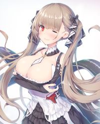 Rule 34 | 1girl, absurdly long hair, absurdres, arms under breasts, ascot, azur lane, bare shoulders, between breasts, black dress, blonde hair, blush, breast hold, breasts, brown hair, choker, cleavage, closed mouth, commentary request, corset, detached sleeves, dress, earrings, formidable (azur lane), frills, hair ribbon, highres, jewelry, large breasts, lips, long hair, looking at viewer, nakazawa aki, one eye closed, red eyes, ribbon, simple background, smile, solo, sweatdrop, twintails, two-tone ribbon, very long hair, wavy mouth, white background