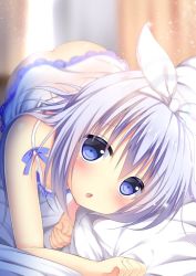 Rule 34 | 1girl, :o, all fours, ass, bare shoulders, bed sheet, blue eyes, blue hair, blue ribbon, blush, bottomless, camisole, chestnut mouth, clenched hands, commentary request, curtains, frills, full body, gochuumon wa usagi desu ka?, hairband, indoors, kafuu chino, lace, lace-trimmed camisole, lace trim, lingerie, long hair, looking at viewer, niki (aroma terrace), no panties, on bed, open mouth, ribbon, shibainu niki, sidelocks, sleeveless, solo, sparkle, underwear, underwear only, white hairband