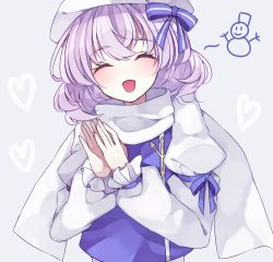Rule 34 | 1girl, ^ ^, blue ribbon, blue shirt, blush, breasts, closed eyes, commentary request, crossed bangs, grey background, hair ribbon, hat, heart, juliet sleeves, letty whiterock, long sleeves, medium hair, nanairo madani, open mouth, own hands together, puffy sleeves, purple hair, ribbon, scarf, shirt, simple background, small breasts, smile, snowman, solo, striped ribbon, touhou, upper body, white hat, white scarf