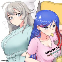 Rule 34 | 2girls, ahoge, alternate costume, blue hair, blush, breasts, chips (food), cleavage, closed mouth, clothes writing, cypress, food, grey eyes, grey hair, hair between eyes, kantai collection, large breasts, long hair, mouth hold, multicolored hair, multiple girls, pink shirt, potato chips, red hair, revision, robe, shirt, short sleeves, south dakota (kancolle), twitter username, washington (kancolle)