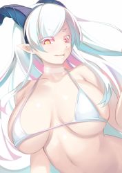 Rule 34 | 1girl, blush, breasts, demon girl, demon horns, hair ornament, highres, horns, large breasts, long hair, original, pointy ears, shiki (psychedelic g2), silver hair, smile, solo focus, demon girl, tongue, tongue out, yellow eyes
