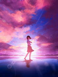 Rule 34 | 1girl, absurdres, arms at sides, barefoot, black eyes, black hair, black skirt, blue sky, city lights, cloud, cloudy sky, evening, floating clothes, floating hair, from side, full body, highres, hill, horizon, lens flare, long hair, looking at viewer, neckerchief, oka kojiro, original, outdoors, pleated skirt, puddle, red neckerchief, reflection, reflective water, scenery, school uniform, serafuku, shirt, short sleeves, skirt, sky, solo, walking, white shirt