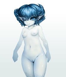 Rule 34 | 1girl, blue skin, breasts, cleft of venus, colored skin, eyepatch, female focus, highres, navel, nipples, noise (lesion949), nude, original, pointy ears, pussy, shiny skin, small breasts, solo, uncensored