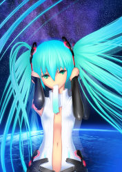 Rule 34 | 1girl, absurdres, aqua eyes, aqua hair, bad id, bad pixiv id, belt, bridal gauntlets, elbow gloves, female focus, fingerless gloves, gloves, hatsune miku, hatsune miku (append), highres, long hair, mouth hold, navel, necktie, solo, space, twintails, vocaloid, vocaloid append, yonasawa