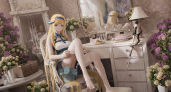 Rule 34 | 1girl, absurdly long hair, absurdres, arknights, barefoot, black skirt, blonde hair, blue eyes, blue hairband, braid, cameo, chair, clock, cup, desk, dragon horns, drawing (object), drinking glass, dutch angle, earrings, flower, food, fork, grandfather clock, hair between eyes, hairband, highres, horns, indoors, jewelry, knee up, lamp, lampshade, ling dianxia, long hair, looking at viewer, mirror, mudrock (arknights), mudrock (silent night) (arknights), phonograph, picture frame, pink flower, plate, pointy ears, pudding, saileach (arknights), shirt, side braids, sitting, skirt, sleeveless, sleeveless shirt, solo, thighhighs, toeless legwear, vase, very long hair, wallpaper (object), white flower, white shirt, white thighhighs, wine glass, zzz