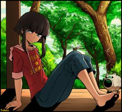 Rule 34 | 1boy, androgynous, artist name, black hair, blue eyes, blunt bangs, brown hair, bug, child, cloud, denim, dragonfly, forest, insect, jeans, leaning back, male focus, nature, original, outdoors, pants, shirt, short hair, short hair with long locks, sitting, sky, solo, suparu (detteiu), tree
