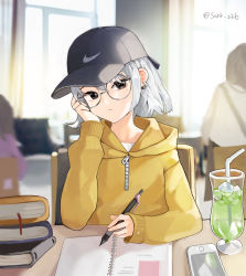 Rule 34 | absurdres, baseball cap, black eyes, cafe, cellphone, copyright request, earrings, glasses, hat, highres, indoors, jacket, jewelry, looking at viewer, mole, mole under eye, phone, silver hair, sitting, smartphone, sora zz6, table, twitter username, yellow jacket