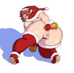 Rule 34 | 1girl, animal ears, anus, ass, bell, bent over, blue eyes, breasts, brown hair, cape, christmas, covering privates, dog ears, fat, female focus, from behind, gloves, hat, inverted nipples, kjmvideo, large breasts, looking back, nipple slip, nipples, nude, one eye closed, open mouth, original, panties, pussy, santa hat, shoes, short hair, simple background, solo, thighhighs, uncensored, underwear, wink