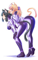 Rule 34 | 2girls, :d, :o, ahoge, animal ears, bent over, black hair, blonde hair, blue gloves, blush, breasts, brown eyes, cat ears, cat tail, from side, full body, gloves, hair ornament, hands on another&#039;s shoulders, hands on own knees, hanging breasts, large breasts, long hair, looking afar, looking at viewer, looking to the side, multiple girls, open mouth, original, ponytail, purple eyes, shiny clothes, sidelocks, simple background, skin tight, smile, standing, tail, tareme, tonpuu, white background