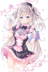 Rule 34 | 1girl, absurdres, black bow, black dress, blue eyes, blush, bow, breasts, center frills, collared dress, commentary request, detached wings, dress, frills, grey hair, hands up, heart, highres, holding, holding syringe, long hair, looking at viewer, medium breasts, mini wings, nanohana kohina, original, parted lips, puffy short sleeves, puffy sleeves, short sleeves, solo, syringe, tablet pc, thighhighs, two side up, very long hair, white background, white thighhighs, white wings, wings, wrist cuffs