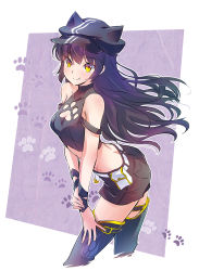 Rule 34 | 1girl, absurdres, animal ears, animal hat, arm ribbon, bare shoulders, belt, black hair, blake belladonna, boots, cat cutout, cat hat, clothing cutout, fang, hat, highres, iesupa, long hair, midriff, off shoulder, ribbon, rwby, scar, short shorts, shorts, solo, thigh boots, thighhighs, yellow eyes