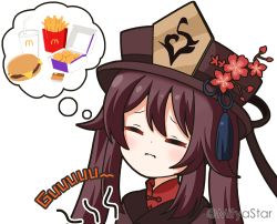 Rule 34 | 1girl, bendy straw, brown hair, brown hat, brown jacket, burger, chicken nuggets, closed eyes, closed mouth, commentary request, cup, disposable cup, drinking straw, fast food, flower, food, french fries, genshin impact, hat, hat flower, hu tao (genshin impact), jacket, long hair, mcdonald&#039;s, mitya, red flower, red shirt, shirt, simple background, solo, translation request, twintails, twitter username, upper body, wavy mouth, white background