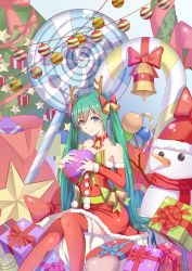 Rule 34 | 1girl, 2016, absurdres, antlers, bell, belt, candy, candy cane, carrot, choker, christmas, christmas ornaments, christmas tree, dated, detached sleeves, food, gift, green eyes, green hair, hatsune miku, highres, horns, lollipop, long hair, looking at viewer, neck bell, santa costume, sitting, snowman, solo, star (symbol), swirl lollipop, thighhighs, tupiao shaonu, twintails, very long hair, vocaloid
