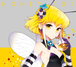 Rule 34 | 1girl, antennae, bad id, bad pixiv id, bare shoulders, bee girl, blonde hair, breasts, cleavage, detached sleeves, drinking, drinking straw, earrings, gloves, hair ornament, holding, honey, arthropod girl, jewelry, leotard, monster girl, nardack, original, short hair, small breasts, solo, striped, wings, yellow eyes