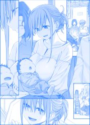 Rule 34 | +++, 2girls, baby, blue theme, blush stickers, breasts, check commentary, comic, commentary request, faceless, faceless male, getsuyoubi no tawawa, himura kiseki, large breasts, maegami-chan (tawawa), monochrome, multiple girls, silent comic, train