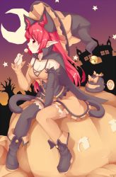 Rule 34 | 1girl, alternate costume, animal ears, asymmetrical legwear, bell, black dress, black thighhighs, boots, breasts, brown dress, brown thighhighs, candy, cape, cat ears, cat tail, cleavage, detached sleeves, dress, extra ears, food, halloween, halloween costume, hat, highres, jack-o&#039;-lantern, kaenbyou rin, lollipop, looking at viewer, mismatched legwear, moon, mouth hold, multicolored clothes, multicolored dress, multiple tails, pointy ears, psychopath idiot, red hair, reiuji utsuho, reiuji utsuho (bird), revision, sitting, sitting on object, solo, star (symbol), tail, thighhighs, touhou, witch hat, yukkuri shiteitte ne, zettai ryouiki
