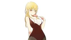 Rule 34 | 1girl, arm behind back, blonde hair, breasts, brown eyes, candy, cowboy shot, food, highres, leotard, lollipop, long hair, looking at viewer, lpip, original, pantyhose, simple background, skin tight, solo, standing, sweets, tsurime, wallpaper, white background, yellow eyes