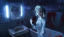 Rule 34 | 1girl, bathroom, bathtub, blood, blood on clothes, blood on hands, blood on wall, closed mouth, collarbone, dark room, dress, expressionless, green eyes, green hair, hand up, highres, horror (theme), litra (ltr0312), long sleeves, looking at viewer, mirror, original, red pupils, short hair, sink, solo, symbol-only commentary, tile wall, tiles, white dress