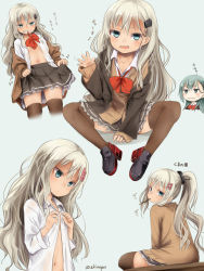 Rule 34 | 2girls, :d, akino shuu, alternate hairstyle, aqua eyes, blonde hair, blouse, blue background, blush, bow, brown cardigan, brown legwear, brown skirt, brown sweater, buttons, cardigan, commentary request, cosplay, eighth note, fang, food, grecale (kancolle), green eyes, green hair, grin, hair between eyes, hair bow, hair ornament, hairclip, heart, jacket, kantai collection, long hair, long sleeves, mouth hold, multiple girls, multiple views, musical note, navel, neck ribbon, open mouth, orange neckwear, oversized clothes, pink bow, pleated skirt, pocky, ponytail, ribbon, shirt, simple background, skirt, smile, suzuya (kancolle), suzuya (kancolle) (cosplay), sweater, sweater jacket, thighhighs, translation request, white shirt