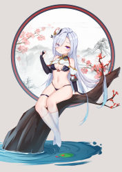 Rule 34 | 1girl, absurdres, adapted costume, aqua nails, arm at side, arm up, bikini, bikini under clothes, black bikini, black gloves, breast curtain, breasts, circle, clothing cutout, crossed ankles, elbow gloves, eyes visible through hair, flower, full body, genshin impact, gloves, grey hair, groin, hair ornament, hair over one eye, hand up, highres, in tree, kneehighs, leaf, lily pad, long hair, looking at viewer, mengxin huazha, nail polish, navel, no shoes, painting (object), partially fingerless gloves, petals, red flower, shenhe (genshin impact), shoulder cutout, sitting, socks, solo, swimsuit, tassel, thigh strap, tree, very long hair, water, aged down