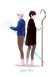 Rule 34 | 1boy, absurdres, back-to-back, barefoot, blue eyes, brown hair, character name, cloak, dual persona, full body, ghost, highres, hood, hoodie, ice, jack frost (rise of the guardians), male focus, rise of the guardians, short hair, solo, standing, stick, cane, white hair
