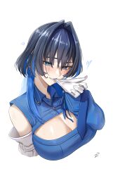 Rule 34 | 1girl, absurdres, asymmetrical sleeves, black hair, blue eyes, blue hair, blue necktie, blue shirt, blush, breasts, cleavage, cleavage cutout, clothing cutout, commentary request, detached sleeves, glove in mouth, gloves, hair intakes, highres, hololive, hololive english, korean commentary, large breasts, looking at viewer, medium hair, mismatched sleeves, mouth hold, multicolored hair, necktie, official alternate costume, official alternate hairstyle, ouro kronii, ouro kronii (4th costume), shirt, simple background, solo, streaked hair, upper body, virtual youtuber, white background, white gloves, wolf cut, zenya