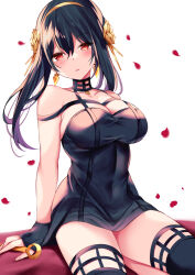 Rule 34 | 1girl, black dress, black hair, black thighhighs, blush, breasts, dagger, dress, earrings, fingerless gloves, gloves, gold earrings, gold hairband, hairband, half-closed eyes, holding, holding dagger, holding knife, holding weapon, jewelry, knife, large breasts, looking at viewer, murasakio, open mouth, petals, red eyes, short hair with long locks, sitting, solo, spy x family, thighhighs, weapon, yor briar