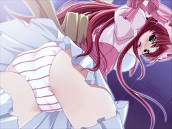Rule 34 | 1girl, ass, bow, cameltoe, embarrassed, from below, game cg, green eyes, level justice, long hair, lovely pink star, maid headdress, masaki chihaya, miniskirt, open mouth, panties, pantyshot, red hair, red panties, ribbon, skirt, solo, striped clothes, striped panties, thighhighs, underwear, upskirt, white panties