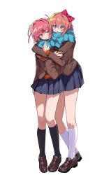 Rule 34 | 2girls, b4 (yonten), black socks, blazer, blue scarf, blue skirt, blush, bow, brown footwear, brown jacket, doki doki literature club, full body, hair bow, hair ornament, hair ribbon, hairclip, hand up, heads together, highres, hug, hug from behind, jacket, looking at another, multiple girls, natsuki (doki doki literature club), open mouth, orange sweater, pink eyes, pink hair, pleated skirt, red bow, red ribbon, ribbon, sayori (doki doki literature club), scarf, school uniform, short hair, skirt, socks, standing, sweater, v-shaped eyebrows, white background, white socks
