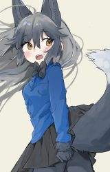 Rule 34 | 1girl, ahoge, animal ears, black gloves, black pantyhose, black skirt, blouse, blue shirt, blush, bow, bowtie, brown eyes, clothes lift, fox ears, fox tail, gloves, grey hair, highres, kemono friends, lifted by tail, long hair, looking back, megumi 222, open mouth, pantyhose, shirt, silver fox (kemono friends), skirt, skirt lift, skirt tug, solo, tail