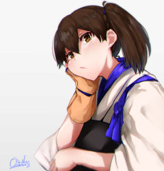 Rule 34 | 1girl, artist name, brown eyes, brown gloves, brown hair, commentary request, gloves, hand on own face, japanese clothes, kaga (kancolle), kantai collection, long hair, mani oniniku, milestone celebration, muneate, partially fingerless gloves, partly fingerless gloves, side ponytail, single glove, solo, tasuki, upper body, yugake